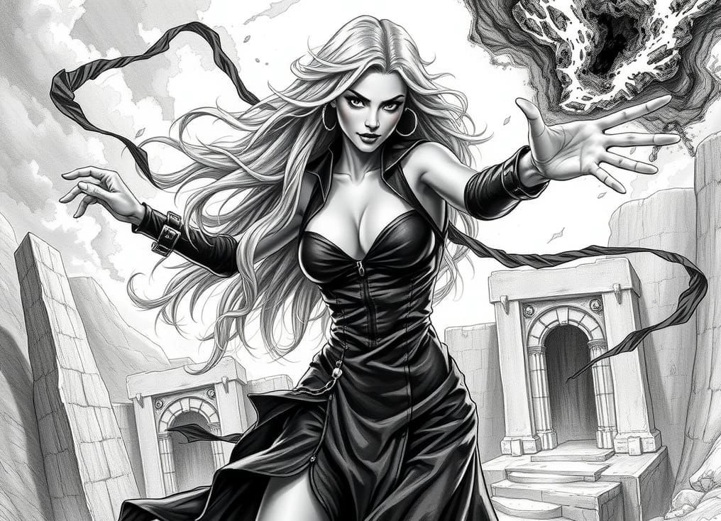 Gorgeous Sorceress Fires Dark Energy, Pencil Sketch