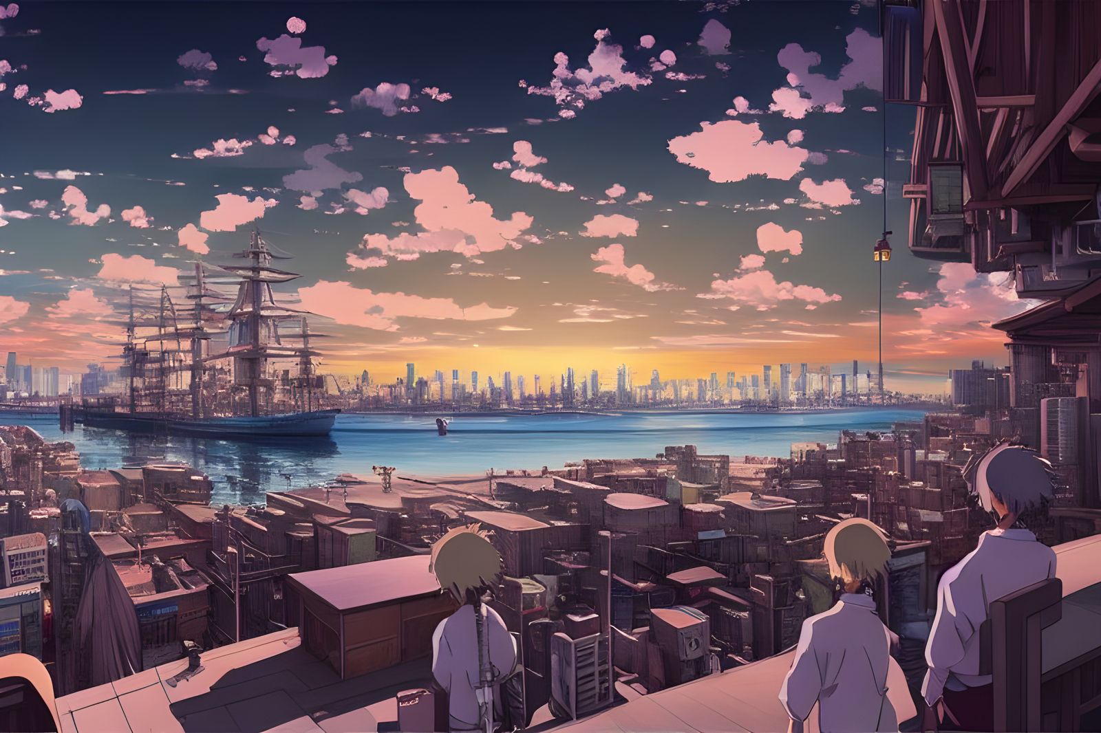Anime Seaport View in Studio Ghibli Style