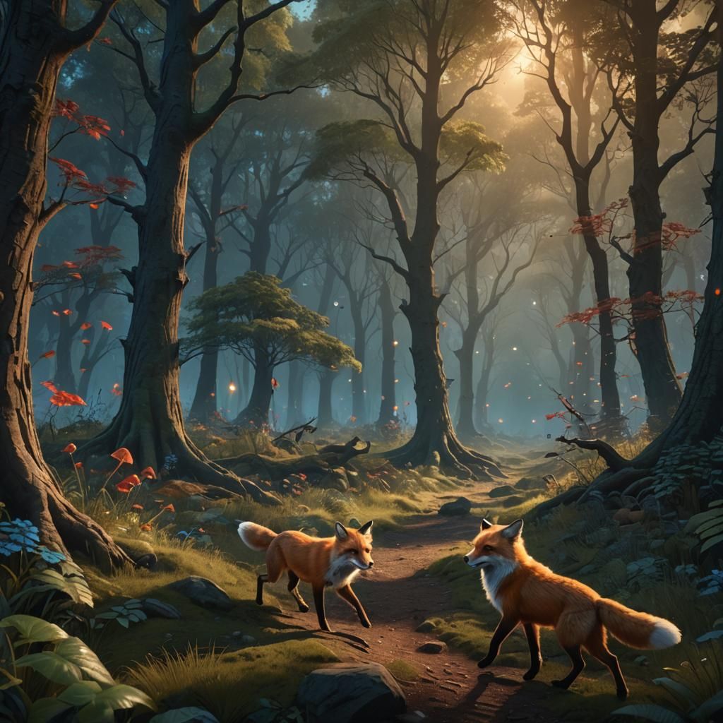Red Fox and Brown Dog in Mystical Forest