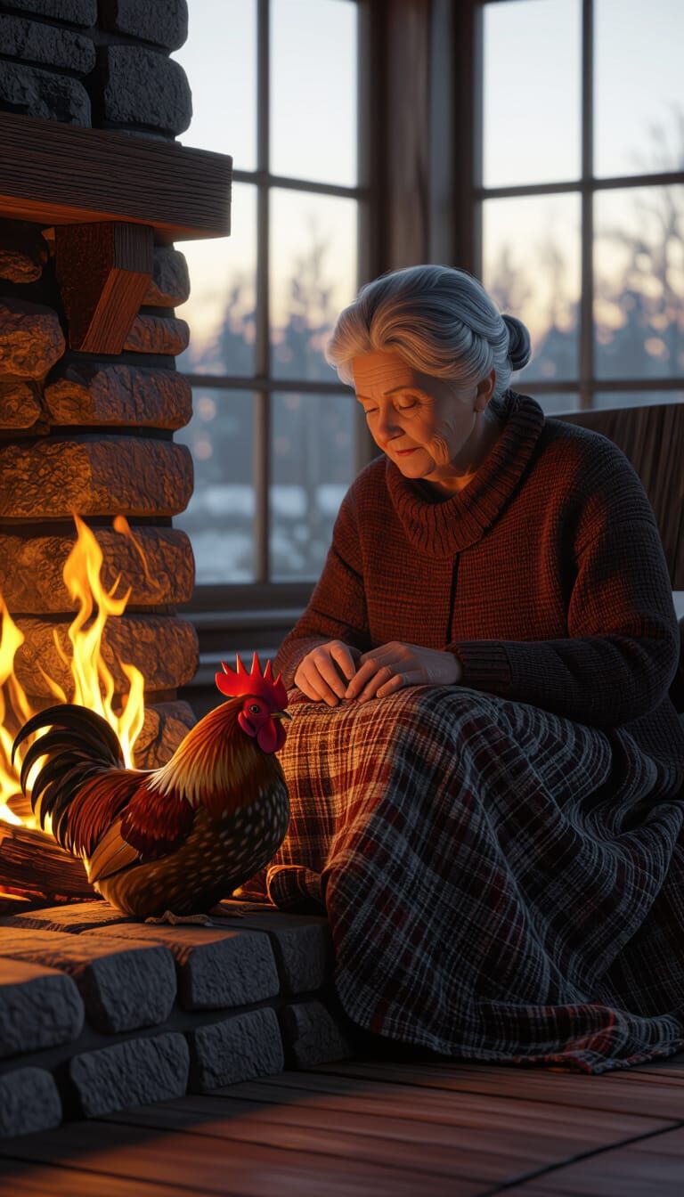 Realistic 3D Render of Grandmother by Fireplace with Rooster
