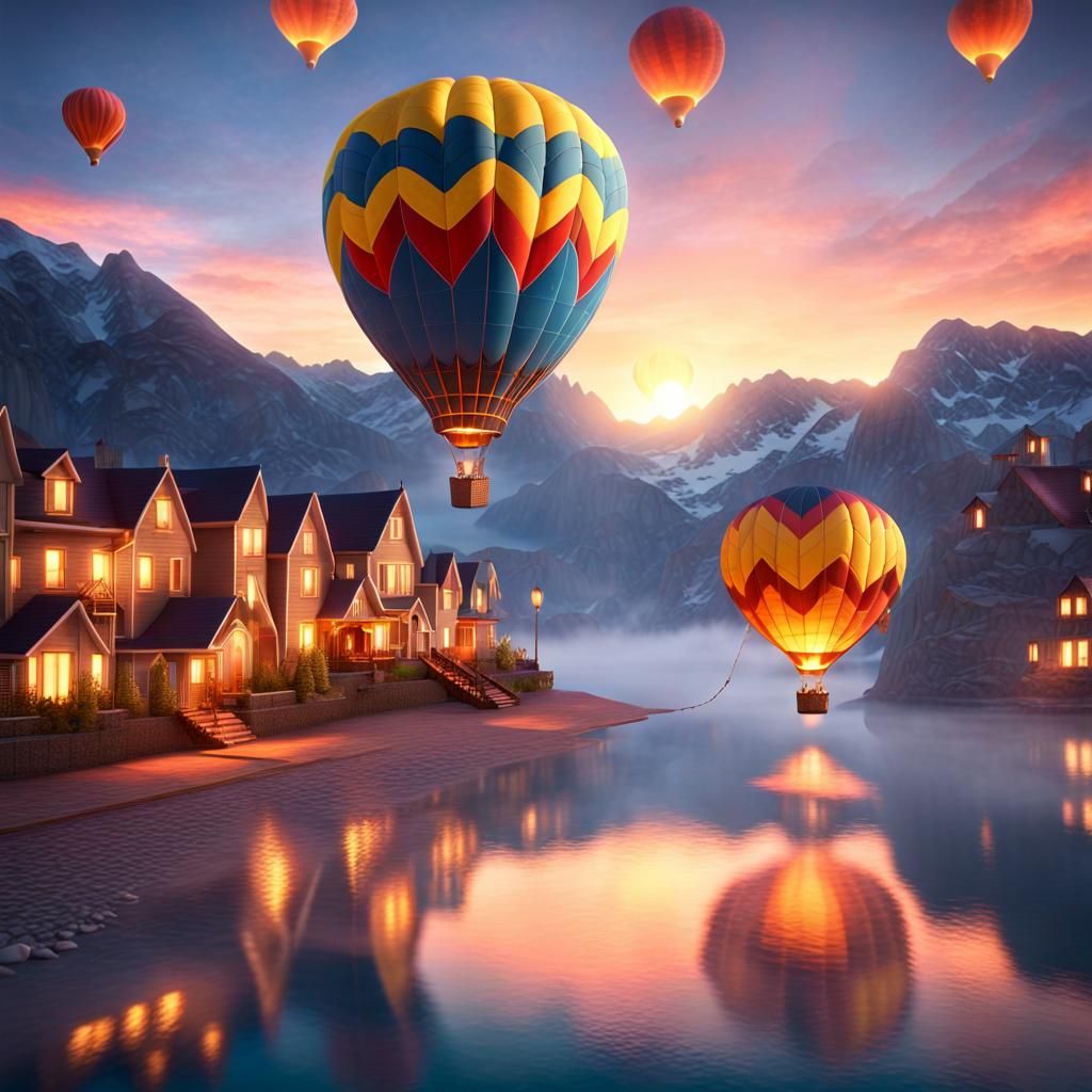 Hot Air Balloon Over Mountain Town at Sunset