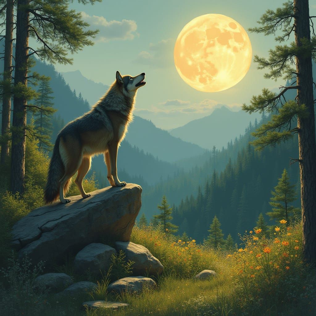 Wolf Howling in Valley: Oil Painting Style