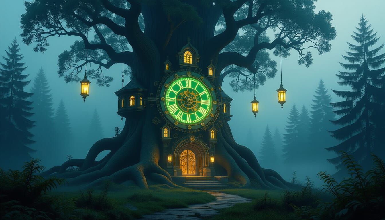 Ancient Clockwork Monastery in Misty Pre-Dawn Forest