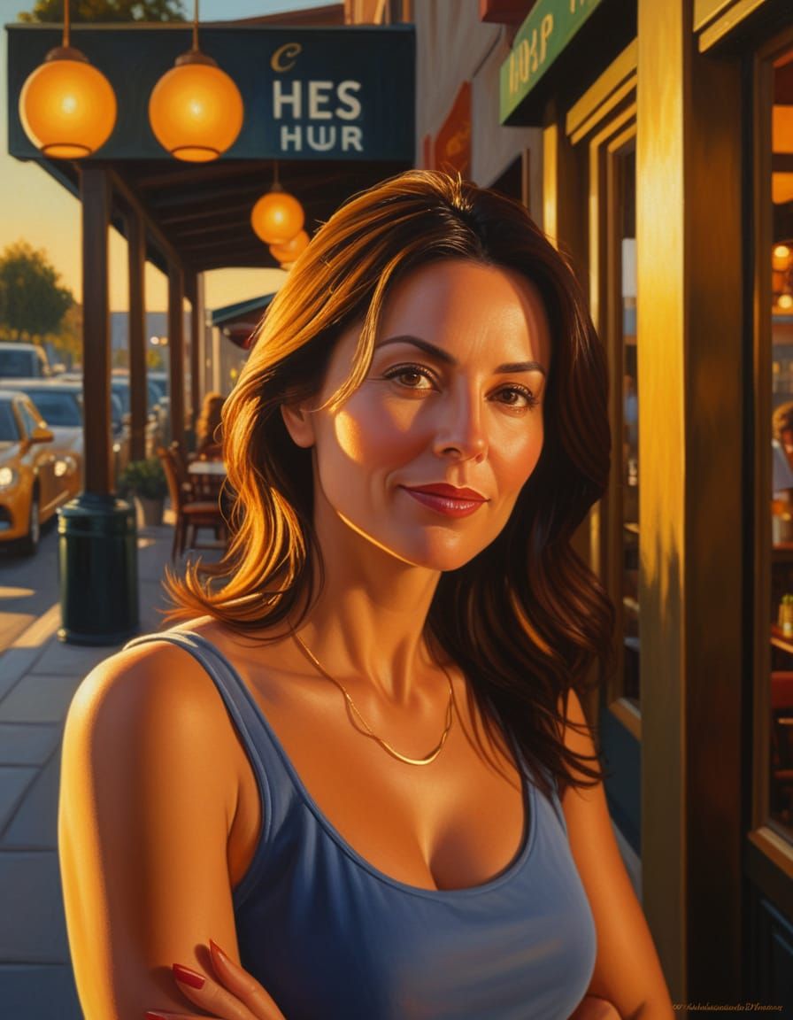 Woman in Whimsical Oil Painting Style at Golden Hour