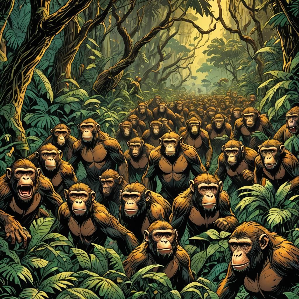 Monkeys Marching in Jungle, Comic Book Art