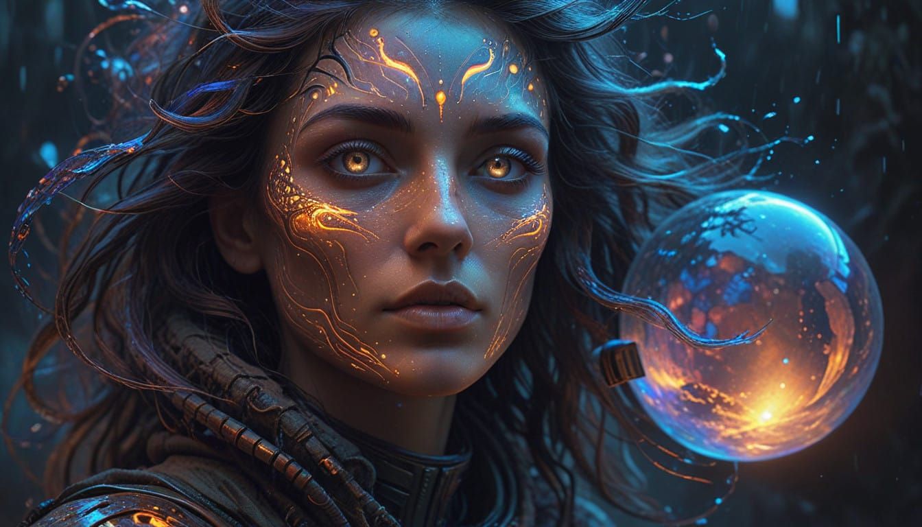 Surreal, Glowing Entity with Opalescent Eyes in Neon-Lit Dre...