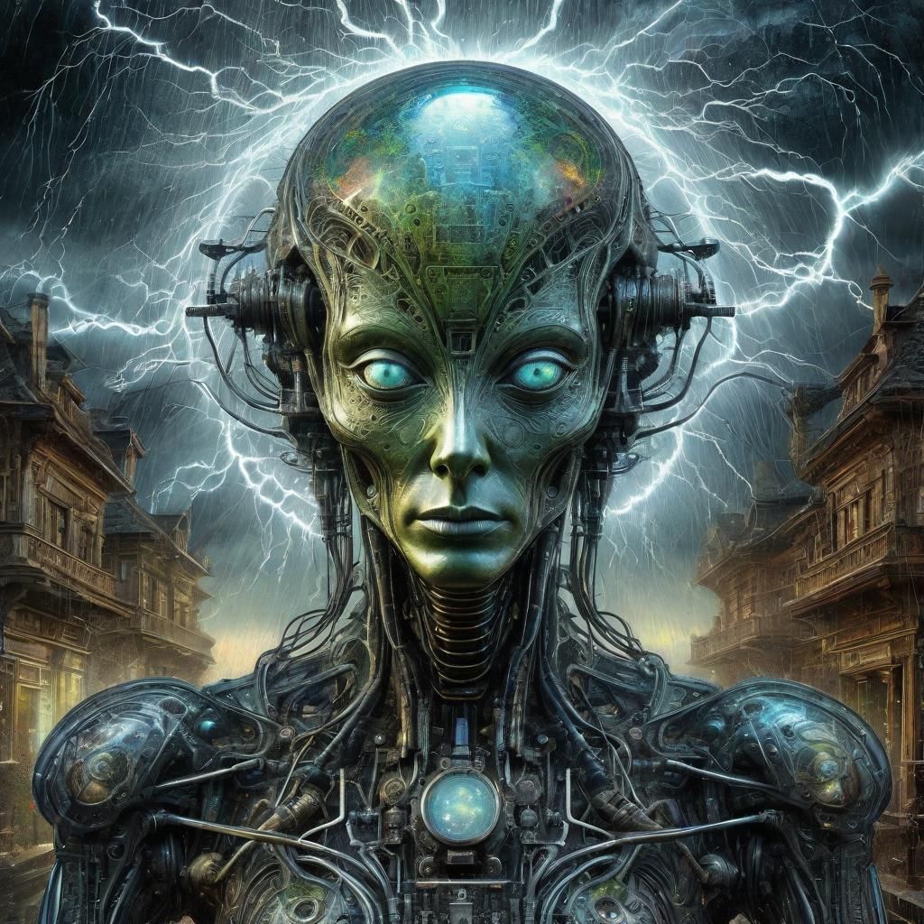 Alien Android in Electrical Storm: Hyperreal Digital Art