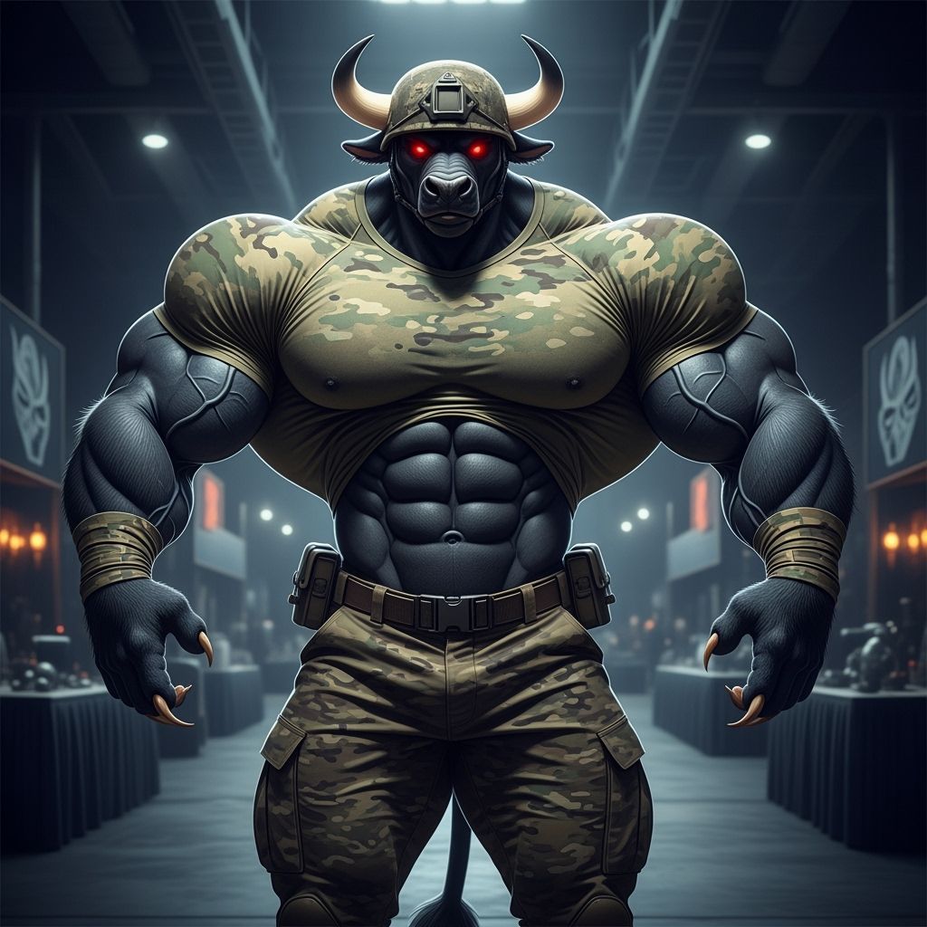 Muscular Bull Fursuit Bodybuilder in Spooky Convention Cente...