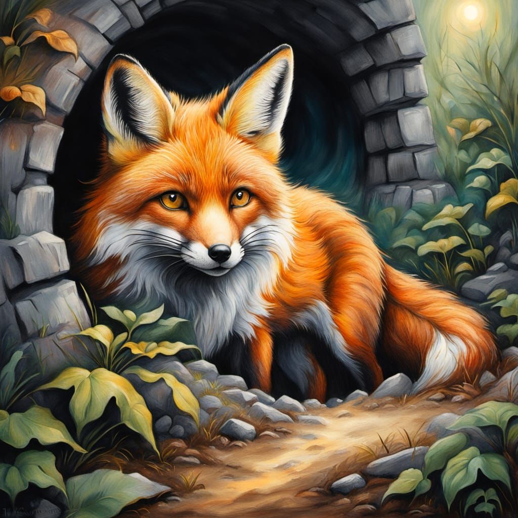 Ethereal Fox in Burrow: Hyperdetailed Gouache Fantasy