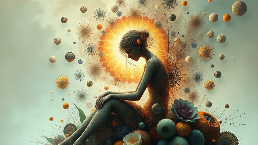 Surreal Figure Emerges from Dreamlike Aura in Cosmic Landsca...