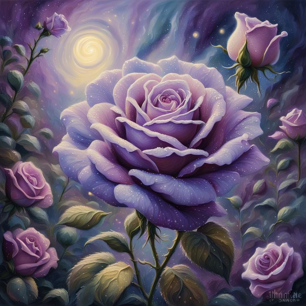 Purple Rose in Moonlit Garden as Fantasy Art