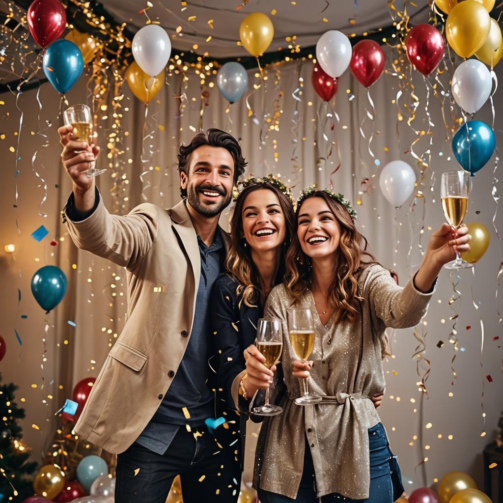 A joyful European Italian man and woman clinking champagne g...