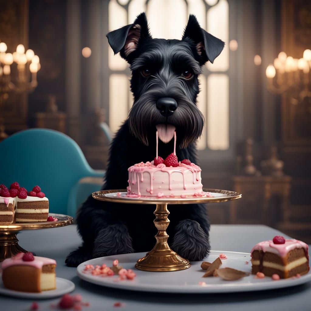 Hyperrealistic Black Schnauzer Eats Cake: Detailed Digital A...