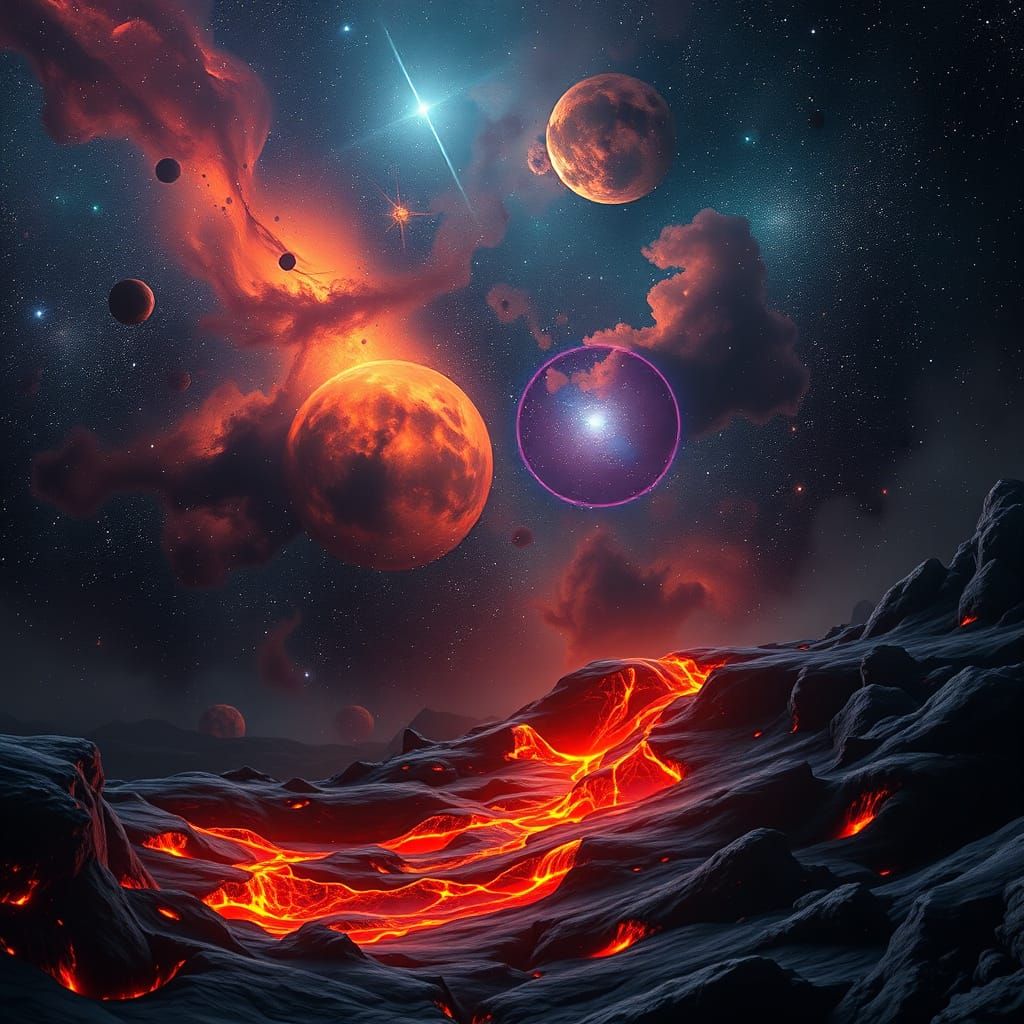 Cosmic Landscape with Lava Flow and Celestial Wonders