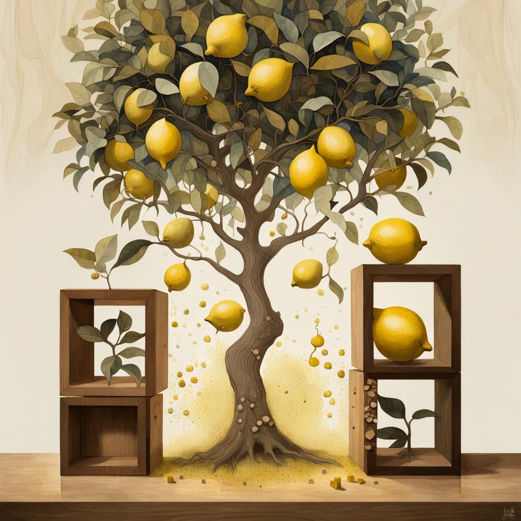 Lemon Tree in Double Exposure Art Nouveau Style