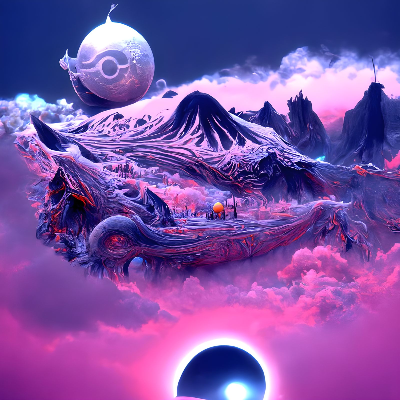 Surreal Pokemon in Galactic Landscape, Digital Illustration