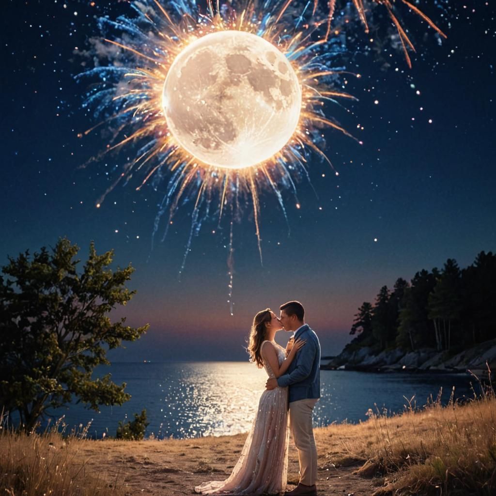 Romantic Couple Under Starry Fireworks Sky