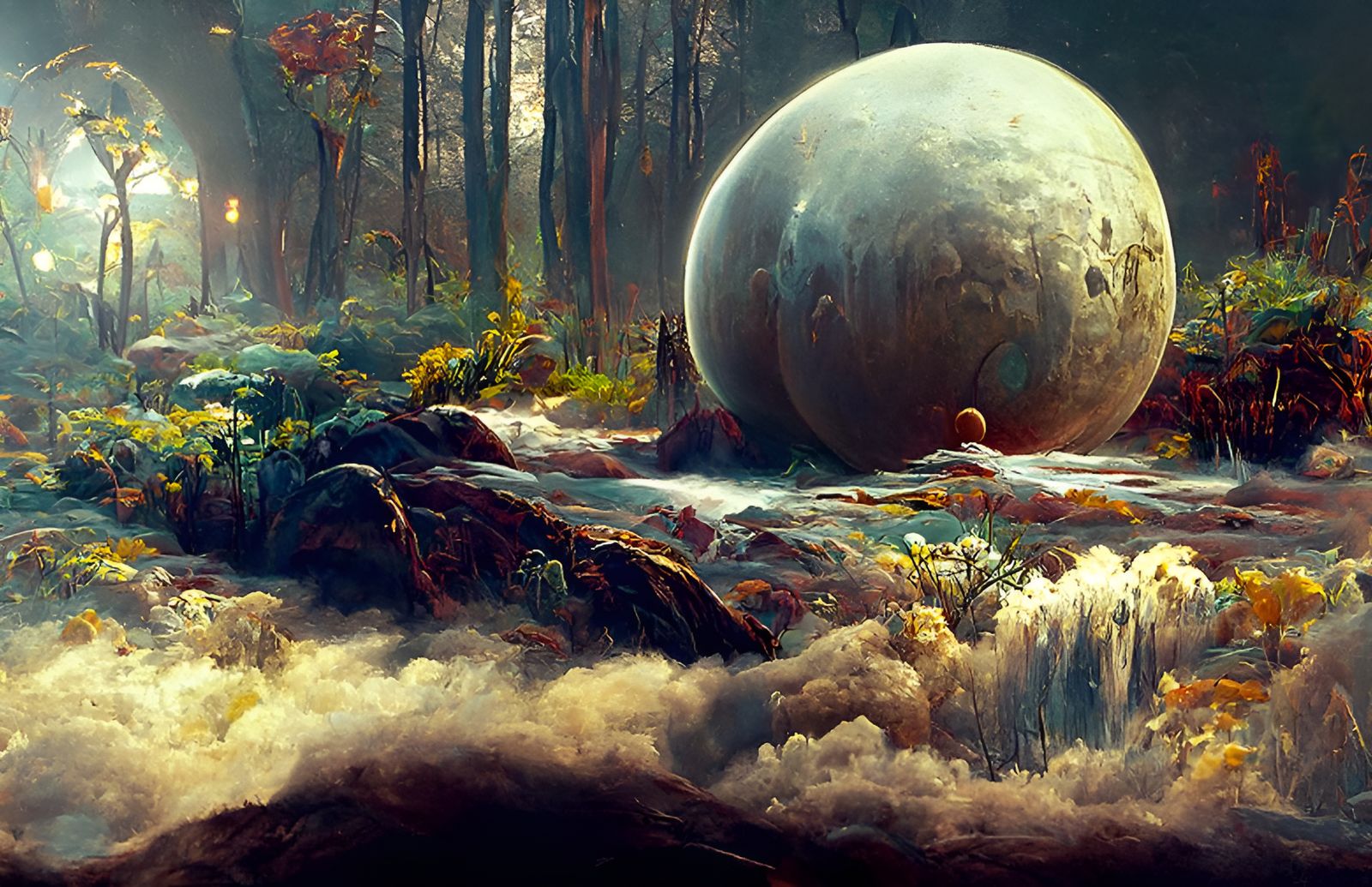 Mystical Alien Moonrise Over Forest Lake