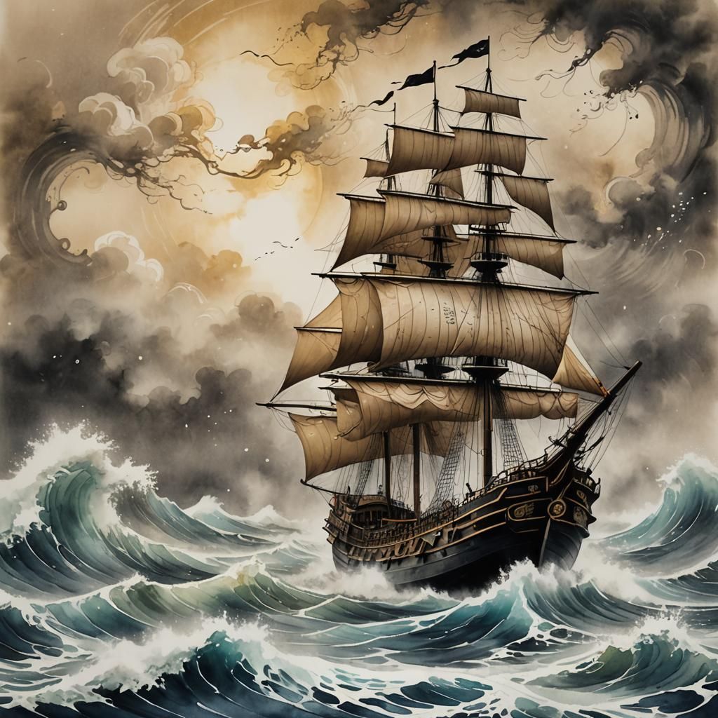 Chinese Junk Ship Navigating Storm, Ink Illustration