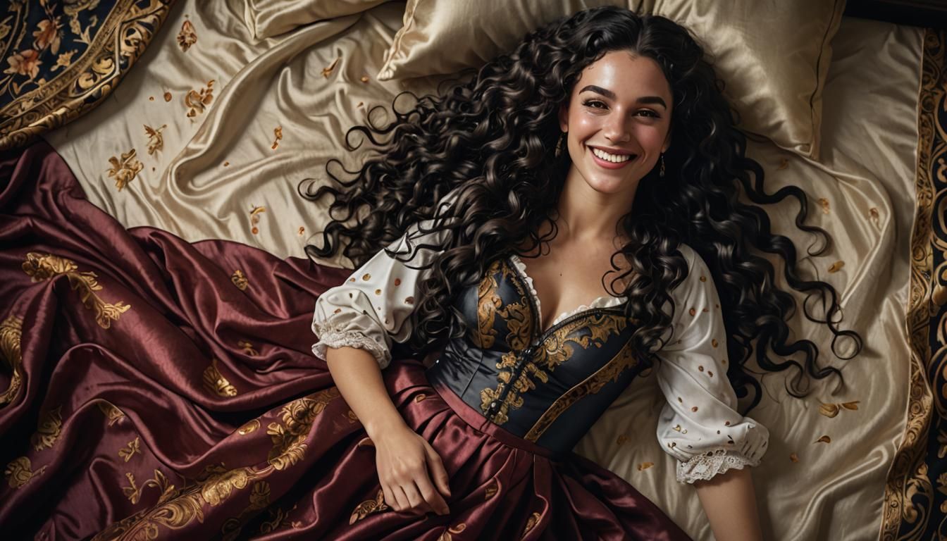 Smiling Woman on Satin Bedspread: Detailed Matte Painting