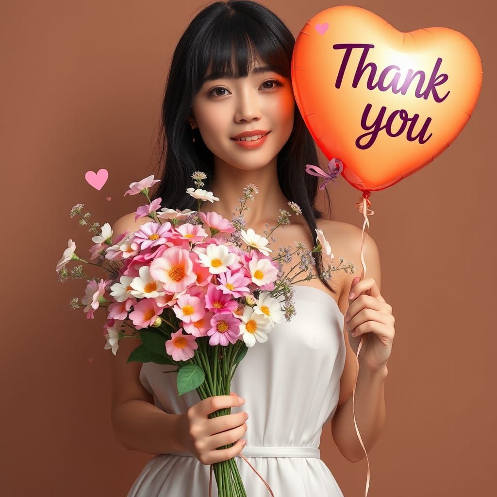 Charming Woman with Flowers and Balloon: Digital Art