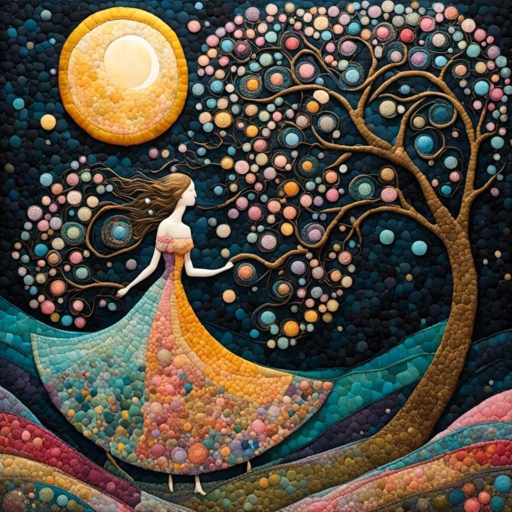 Whimsical Woman Under Moon in Anime Art Style
