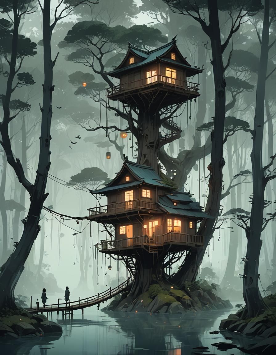 Haunted Japanese Treehouse with Ghosts in Gloomy Forest