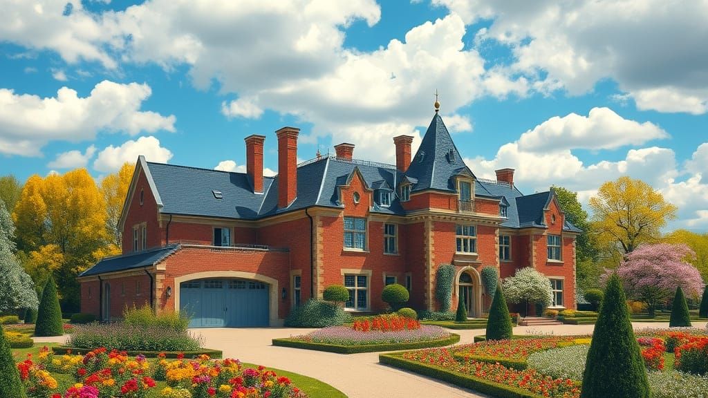 Elegant Chateau with Flower Garden in Painterly Style