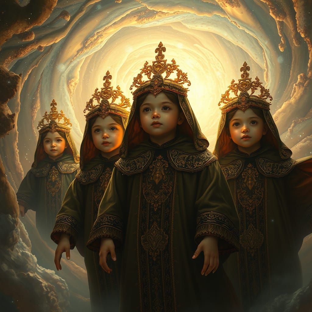 Ethereal Figures Floating in Iridescent Nebula