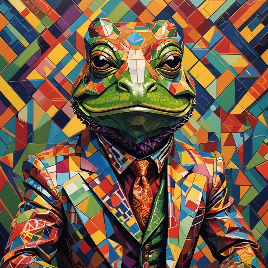 Geometric Frog Portrait in Cubist Art Deco Style
