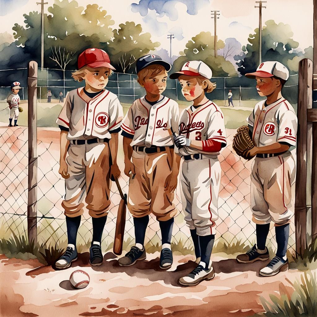 Children in Vintage Baseball Clothes, Watercolor