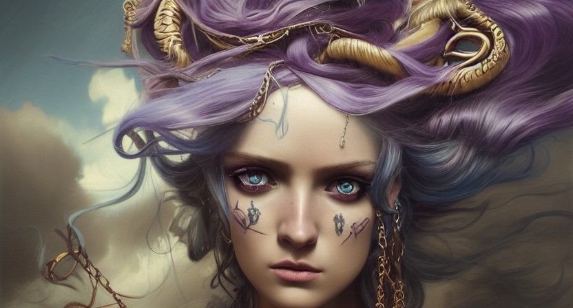 Elegant Pirate with Purple Hair, Detailed Oil Painting