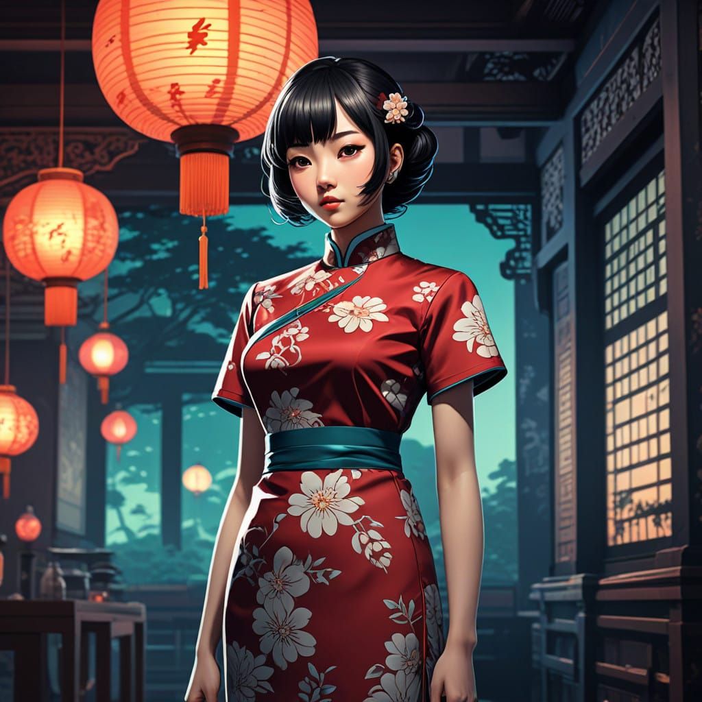 Elegant Woman in 90's Retro Anime Style Qipao