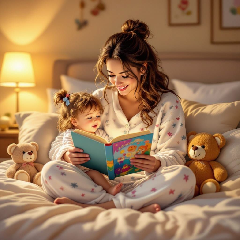 Woman Reads to Child in Cozy Bedroom, Hyper-Realistic Comic ...
