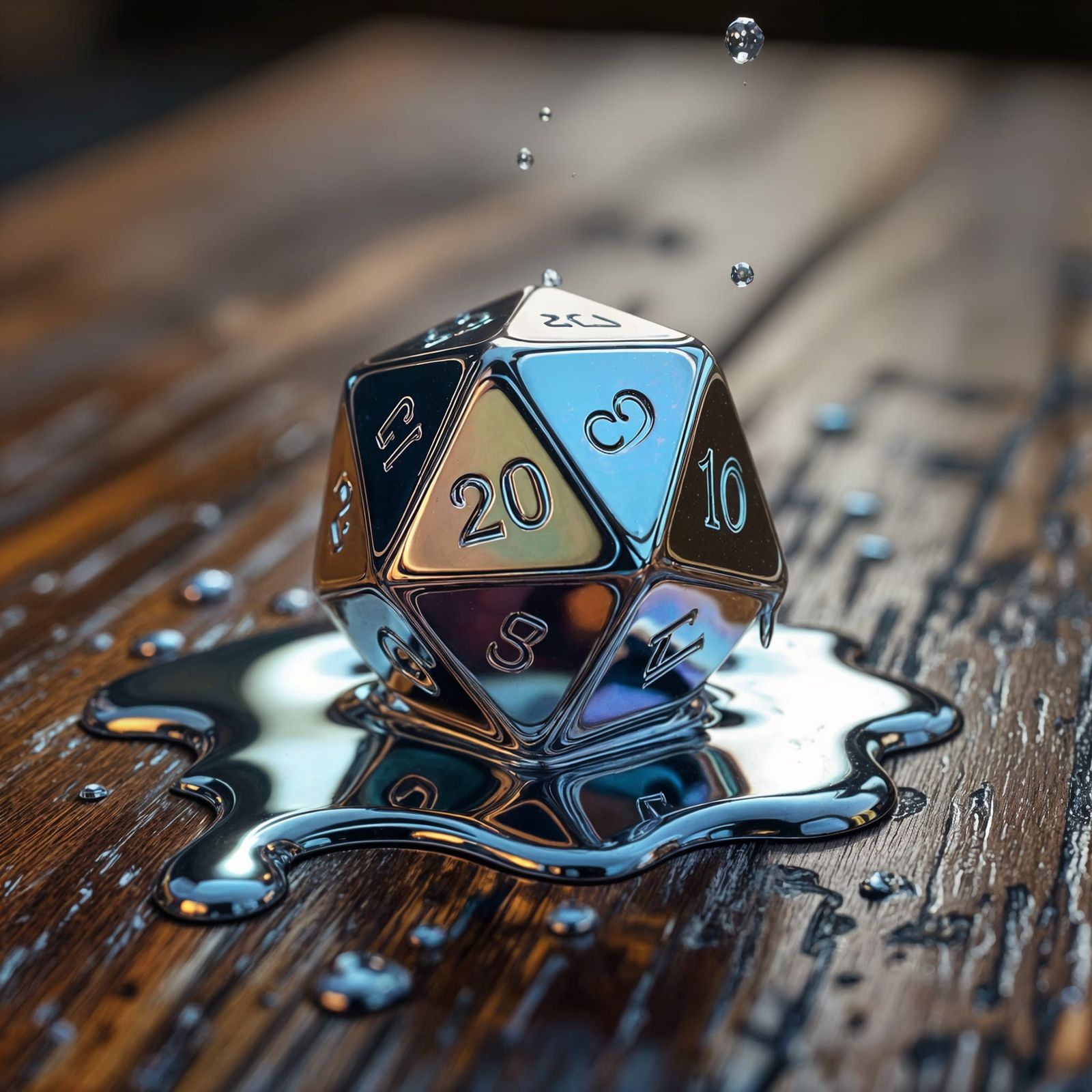 Liquid Metal D20 Tumbles on Oak Table