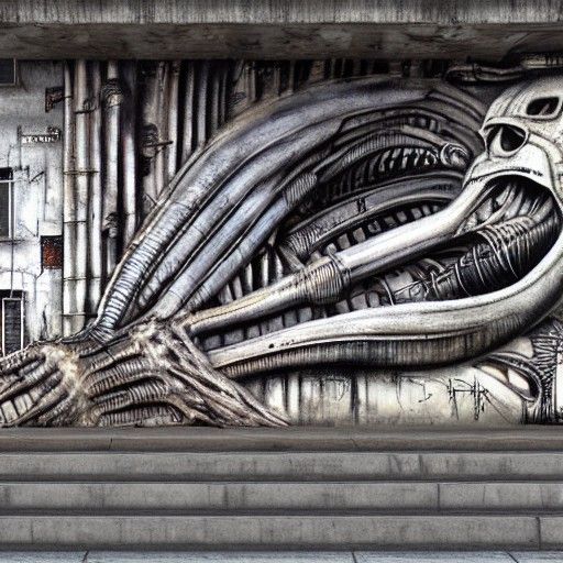 H.R. Giger Style Graffiti on City Wall
