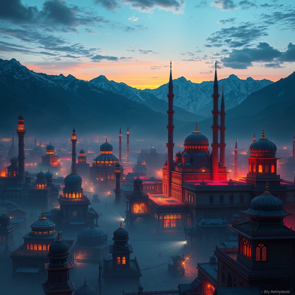 Mystical Pakistani Cityscape at Dusk, with Himalayan Mountai...
