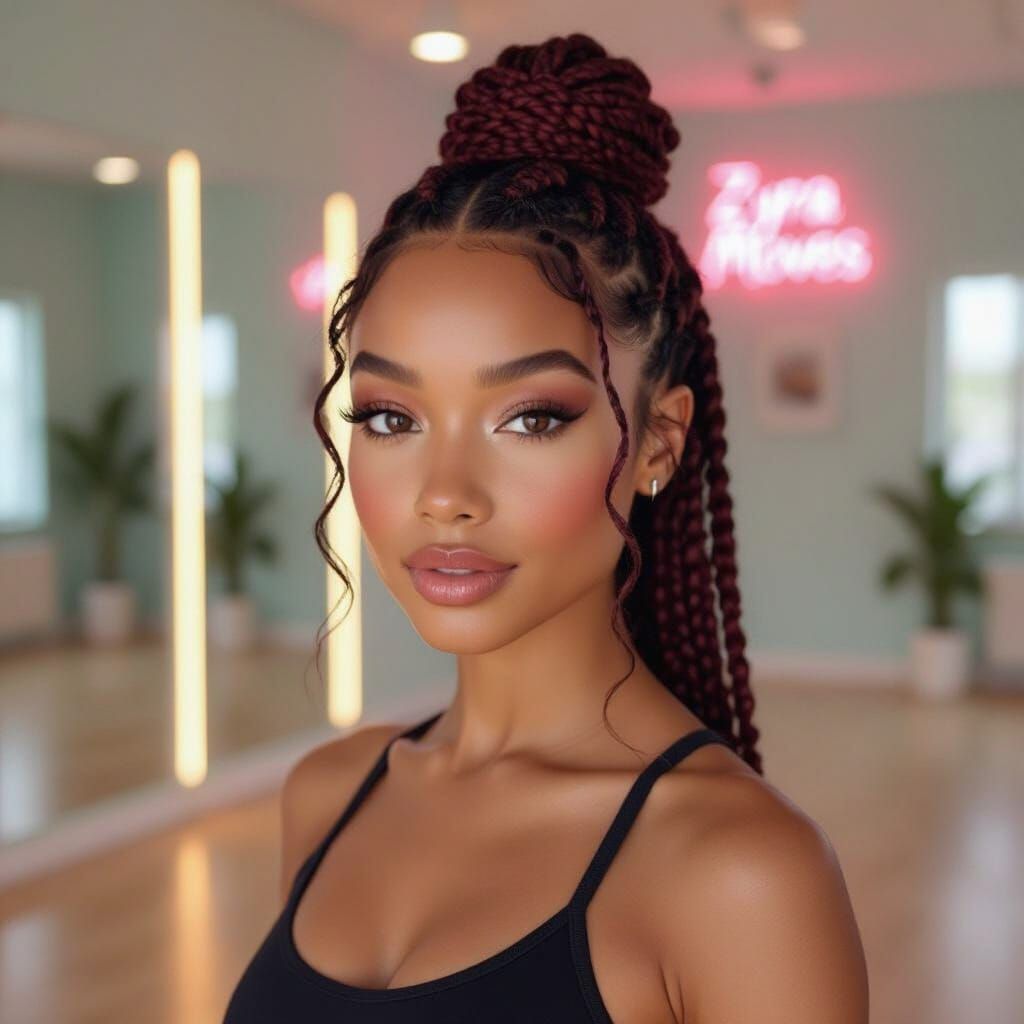 Photorealistic Dancer with Burgundy Braids in Modern Studio