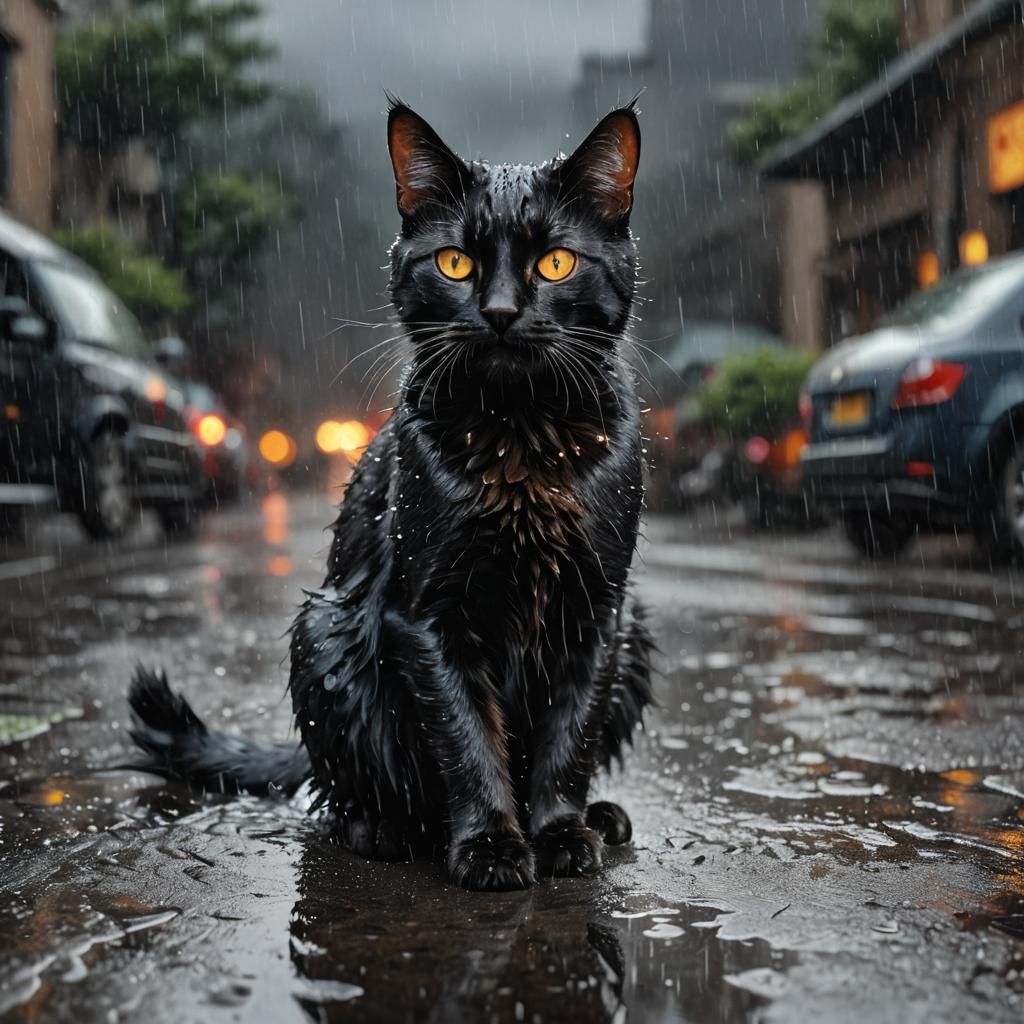 Dramatic Oil Painting of a Black Cat in Rain