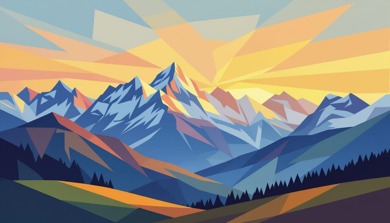 Swiss Alps Golden Hour Cubist Landscape
