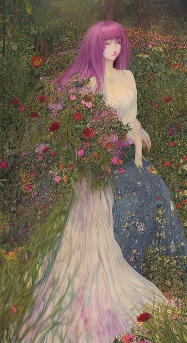 Sunset-Hybrid Woman in Magical Forest, Art Nouveau Style