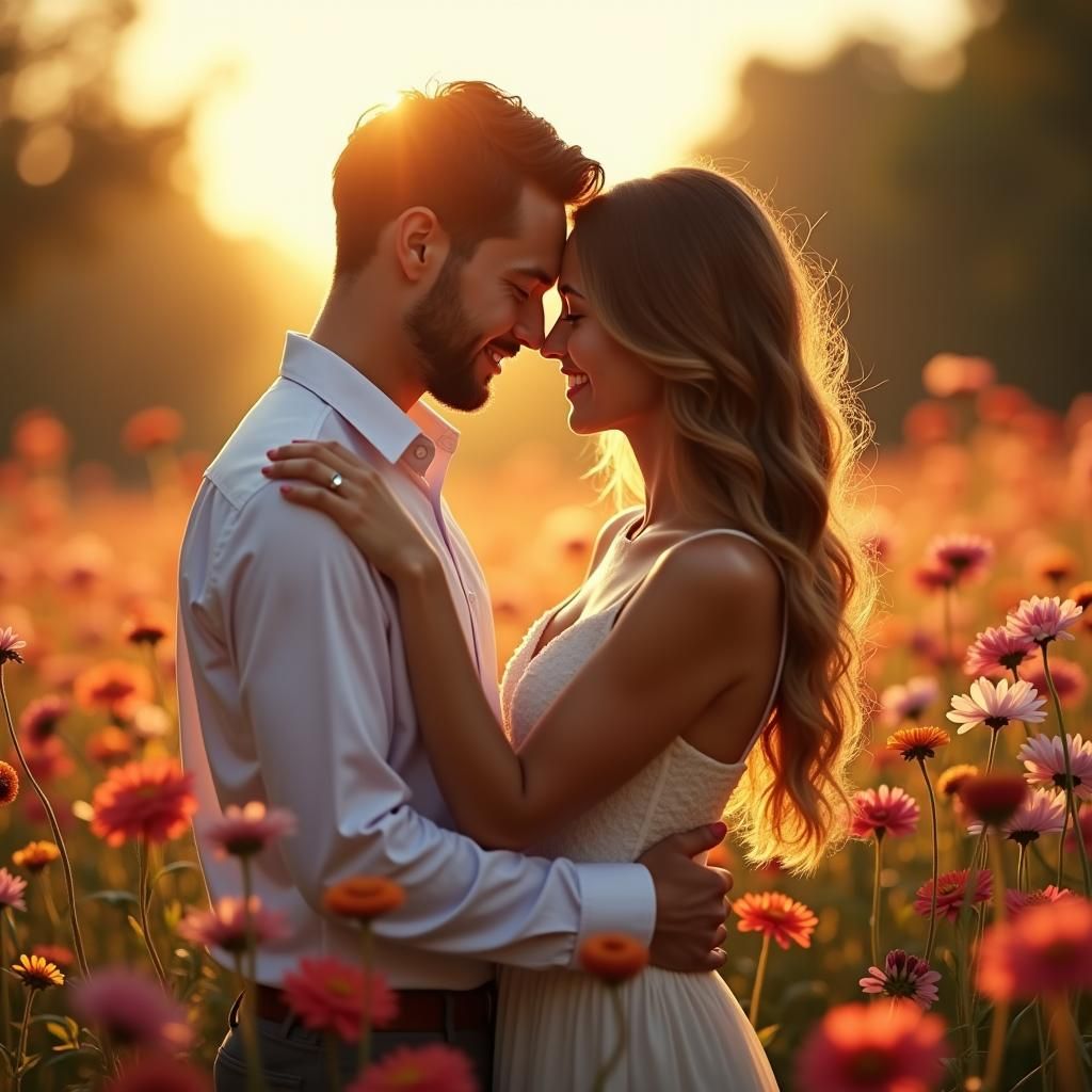Romantic Couple in Sunlit Garden, Soft Focus Portrait