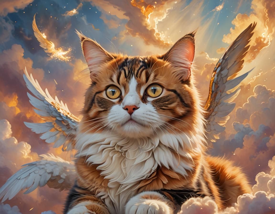 Calico Angel Cat on Clouds: Digital Oil Painting