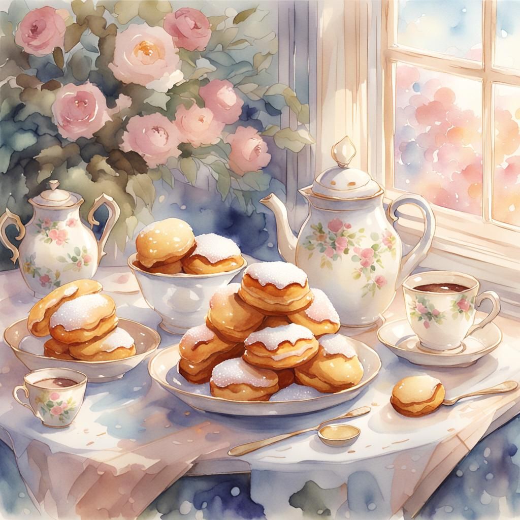 Watercolor Beignets with Sugar in Anime Style