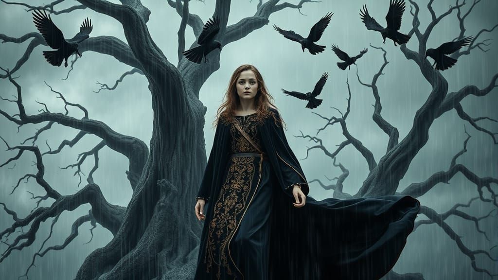 Medieval Woman Surrounded by Ravens in the Rain