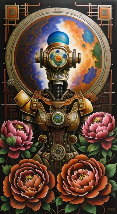 Steampunk Robot Peonies in Surreal Geometric Oil Gouache