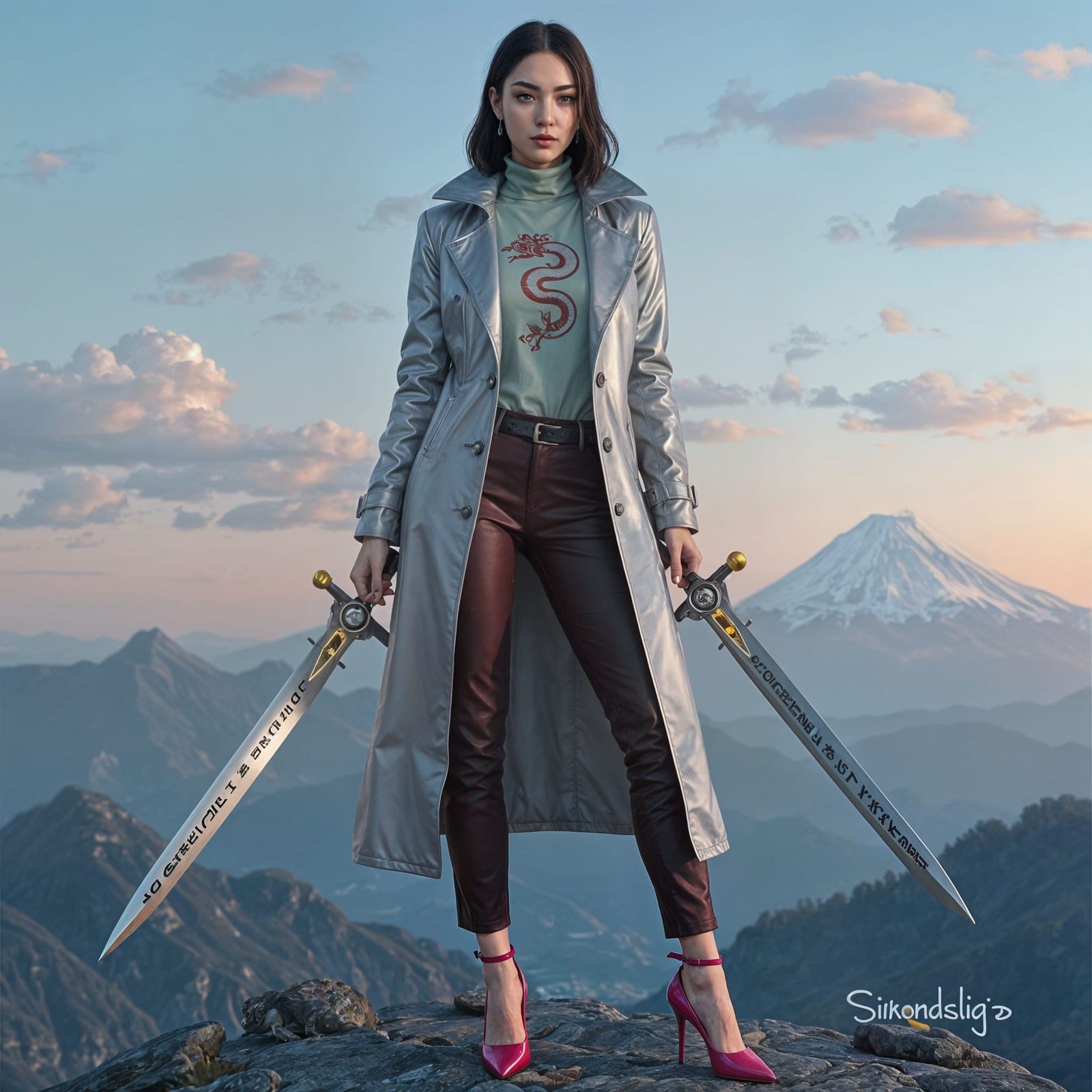 Woman with Sword on Mountain Top in Hyperrealistic Style