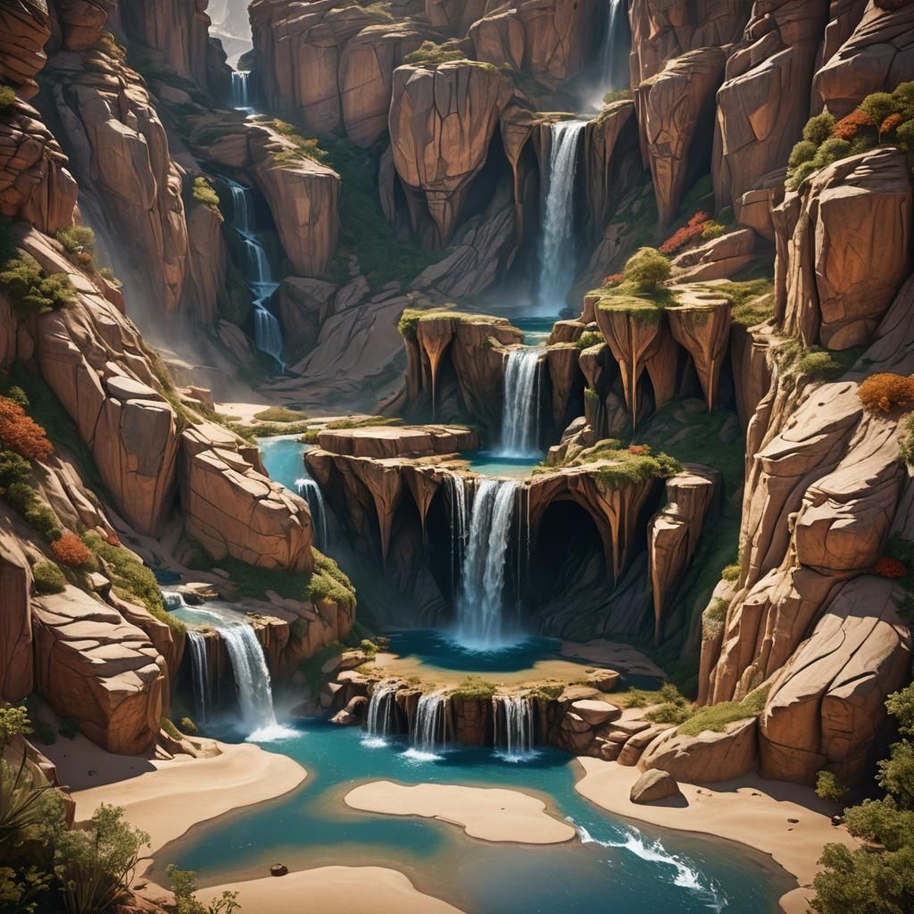 an artwork featuring an hourglass waterfall cascading down a...