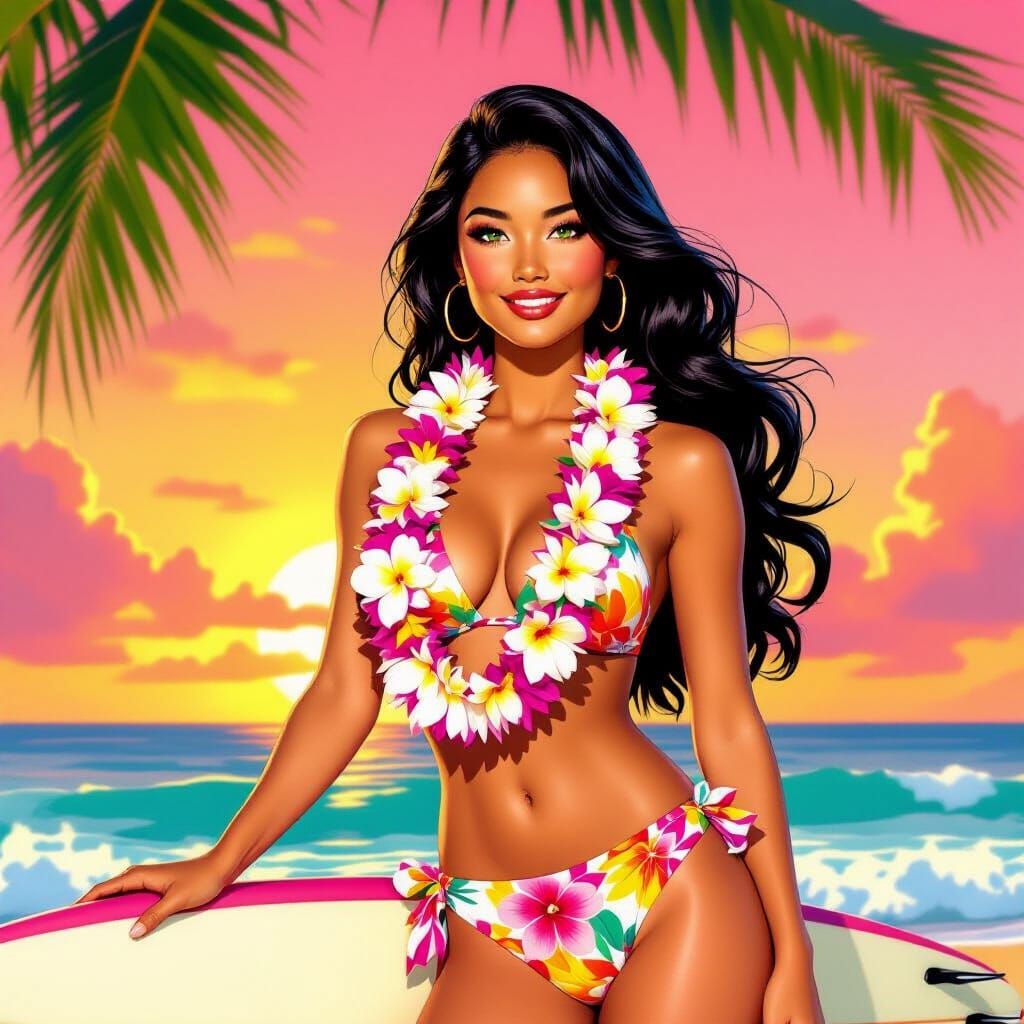 Hawaiian Woman with Orchid Lei in Pin-Up Style