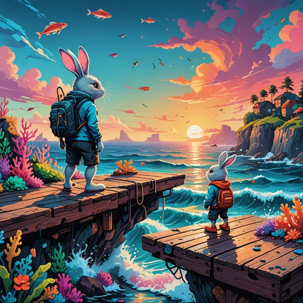 Vibrant Graffiti Art of Man and Bunny Leaping into Ocean